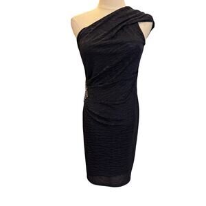 David Meister One Shoulder Cocktail Dress Black Beaded Accent Size 4